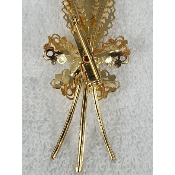 Vintage Gold Filigree Flower Pin Brooch Red Faux Ruby Stones Beautiful 3.5" - Picture 11 of 14